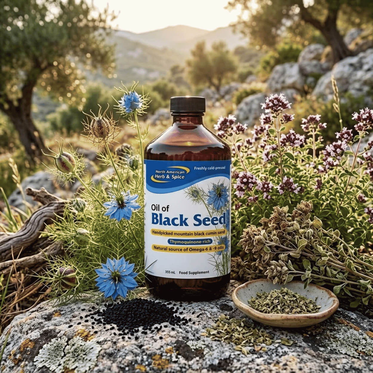Tmavá skleněná lahev s olejem z černého kmínu od North American Herb & Spice stojí na kameni obklopená kvetoucí černuchou, oregánem, hromádkou černých semínek a sušenými bylinkami v misce v prosluněné středomořské krajině.